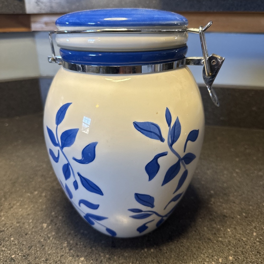 Vintage Inspirado Stonelite Blue & White Canister Cookie Jar – Hand Painted